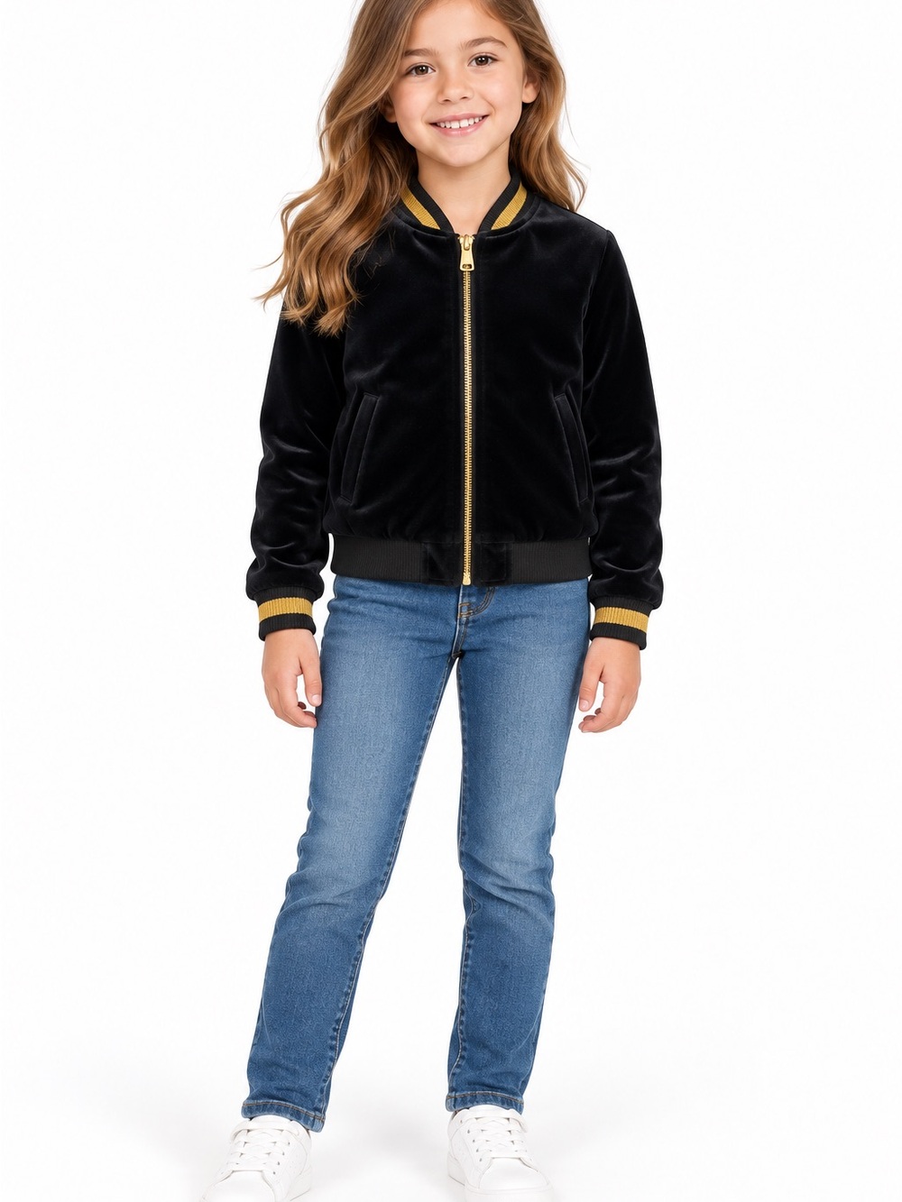 Gymboree Girls Black Velvet Bomber Jacket Size 7-8 Gold Trim Stars